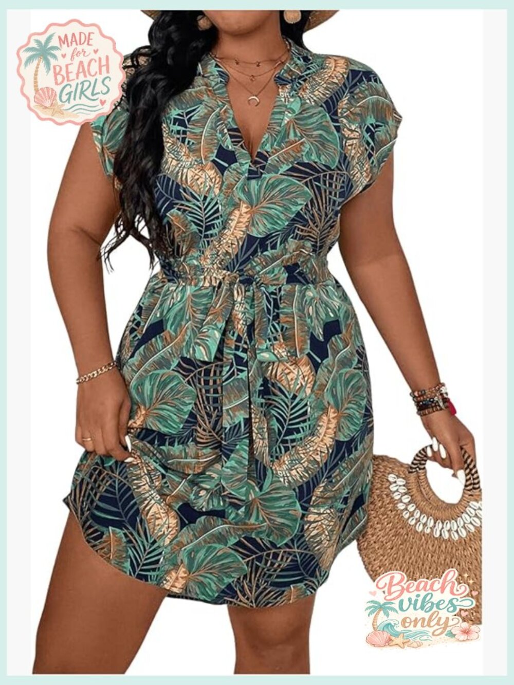 Plus Size Tropical Print Boho Dress with Belt Notch Neck Cap Sleeve